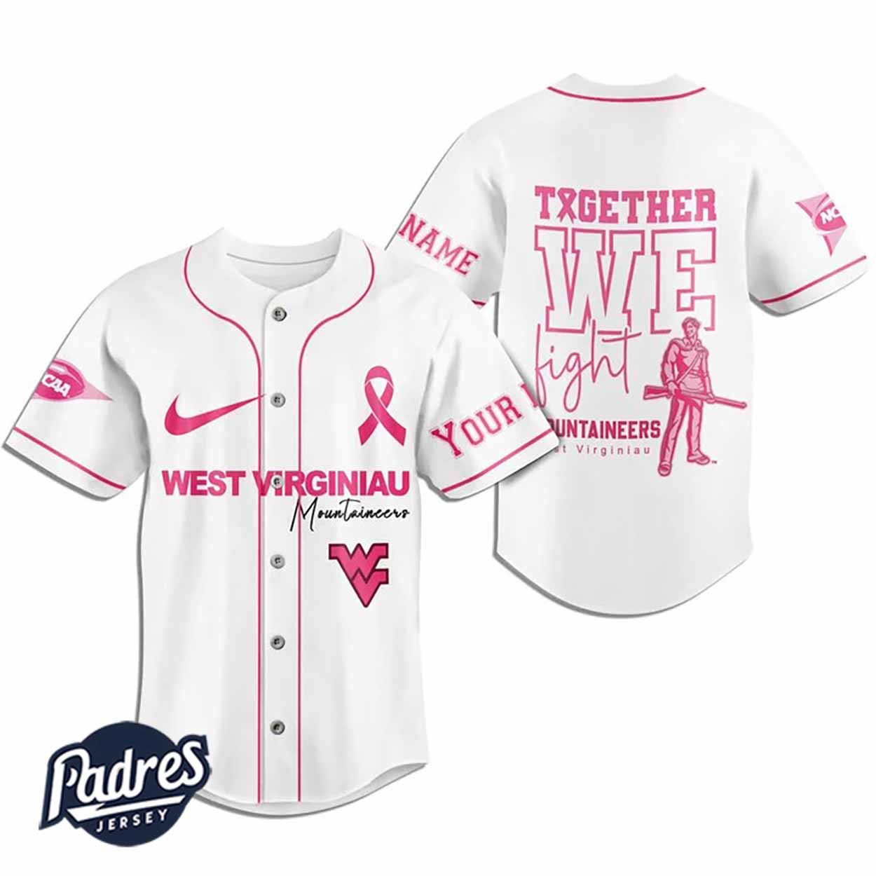 Custom West Virginia Mountaineers Breast Cancer Baseball Jersey - Padres Jersey Oasis: Elevate Your Baseball... (Image 2)