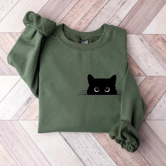 Cute Black Cat Halloween Sweatshirt, Cat Lover Shirt, Womens Halloween Shirt, Halloween Party Shirt, Fall Sweatshirt,...