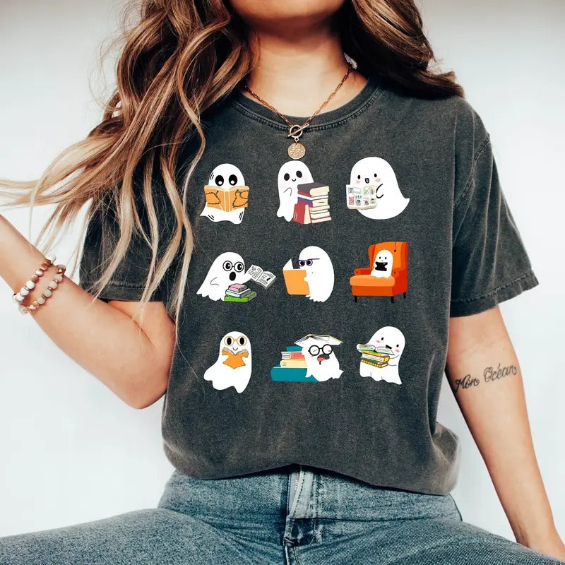 Cute Books Lover Ghost t-Shirt, Spooky Books Shirt, Halloween Ghost Shirt, Spooky Season, Halloween Graphic Tee, Fall...