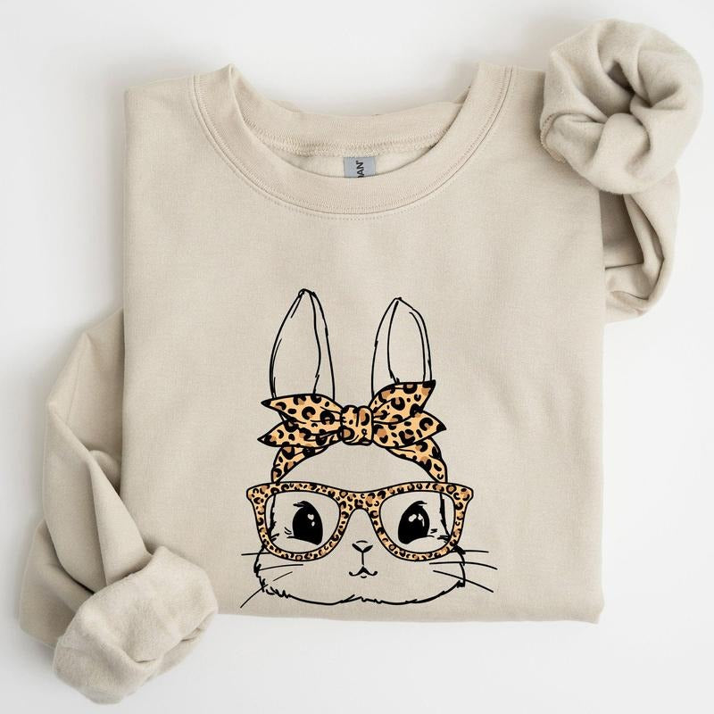 Cute Bunny, Glasses, Leopard Bandana, Easter, Hipster Sweatshirt, Women's Crew Neck, Crewneck T-Shirts, Hoodie
