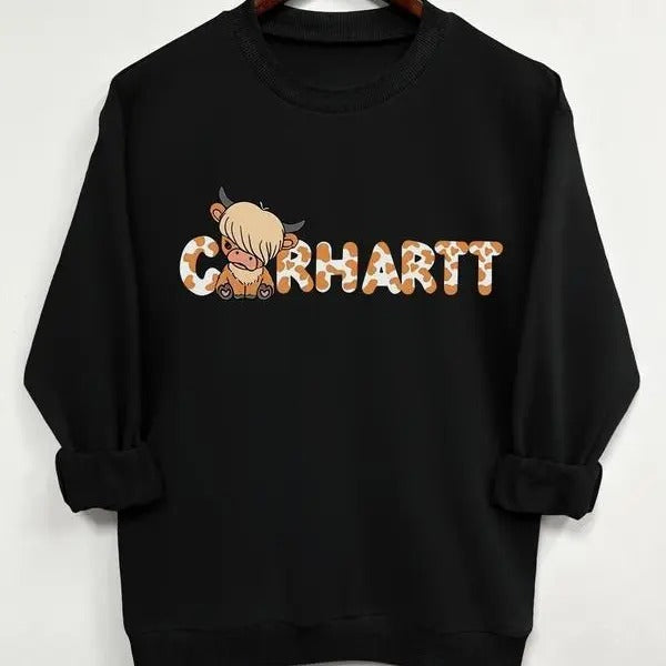 Cute Carhartt Bull Pattern Printed Crewneck Pullover Sweatshirt, Women Winter Cozy Sweater for Daily Wear T-Shirts, Hoodie