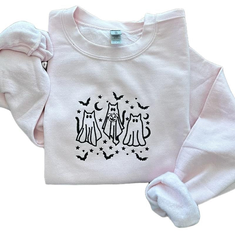 Cute Cat Halloween Embroidered Crewneck Sweatshirt Comfort Casual Fit T-Shirts, Hoodie | WearSparks.com