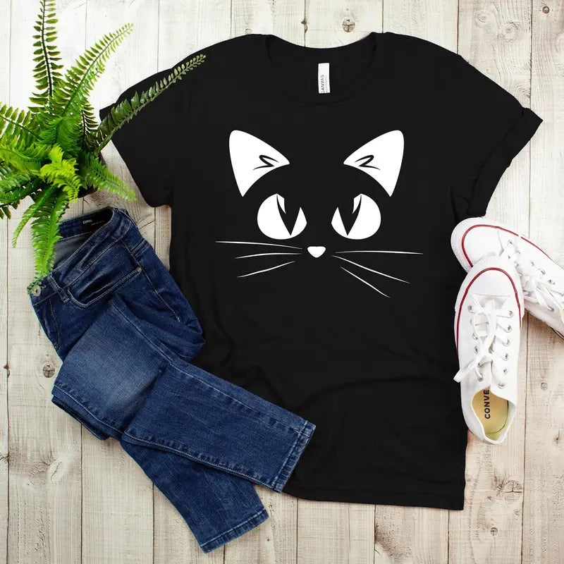 Cute Cat T-Shirt, Black Cat Gifts, Kitty Kitten T Shirt, Funny Present, Animal Lover T-shirt, Whiskers Face, Cat Lover,...