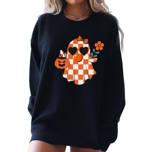 Cute Checkered Orange Ghost Bubblegum Unisex Sweatshirt - Long Sleeve Crewneck, Colorful & Cutesy Vibe, Unisex Sizes...