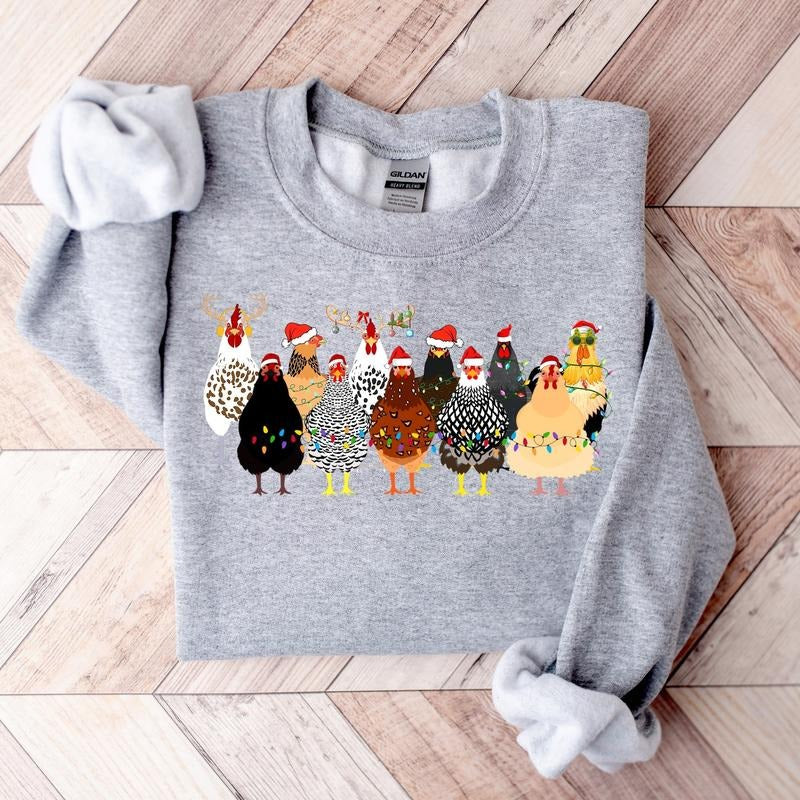 Cute Christmas Chickens Sweatshirt for Women, Christmas Farm Animals Design, Holiday Gift - Cotton, Fabric Crewneck Fit...