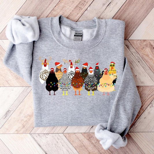 Cute Christmas Chickens Sweatshirt for Women, Christmas Farm Animals Design, Holiday Gift - Cotton, Fabric Crewneck Fit...