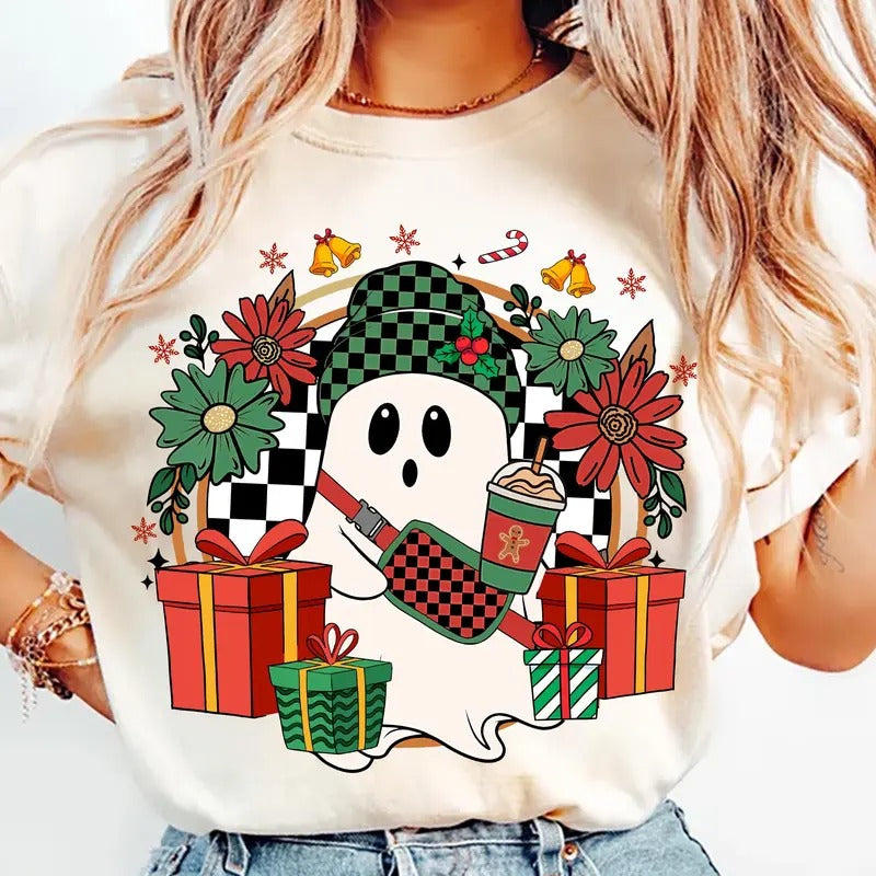 Cute Christmas Ghost Shirt, Spooky Xmas Holiday Shirt, Unisex Loose Fit Tee, 50% Cotton 50% Polyester Fabric holiday...