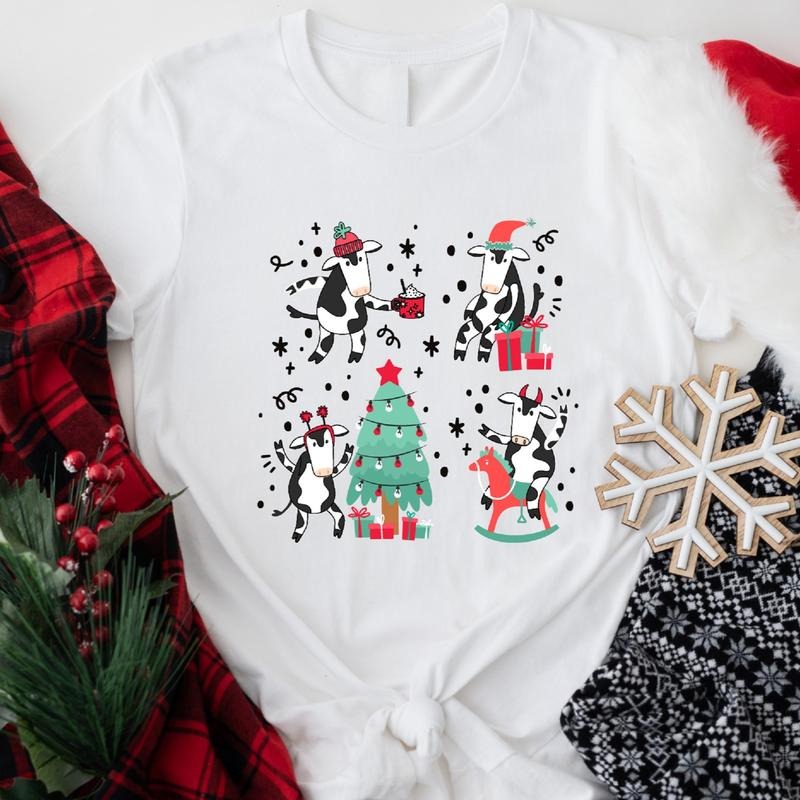 Cute Cow T-Shirt, Farmer Tee For Christmas Party, Unisex Cow Lovers Gift Xmas Shirt, Farm Animal Lover Short Sleeve....