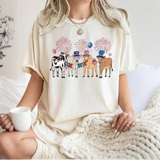 Cute Cows 4th Of July T-Shirt, American Flag Shirt, Independence Day, Western Shirt, Patriotic Shirt, Farm Animals Lover,...