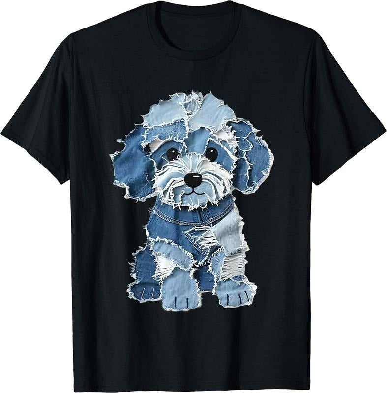 Cute Dog Denim Patchwork Art T-Shirt | Unisex Cotton Tee Gift, Crewneck, Short Sleeve Hoodie, Sweatshirt | WearSparks.com