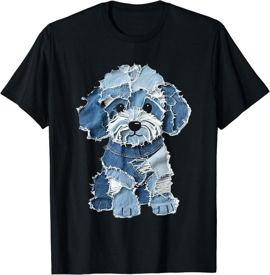 Cute Dog Denim Patchwork Art T-Shirt | Unisex Cotton Tee Gift, Crewneck, Short Sleeve Hoodie, Sweatshirt | WearSparks.com