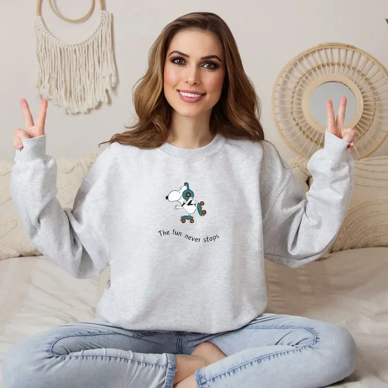 Cute Dog The Fun Never Stops Sweatshirt, Funny Dog Sweater, Cartoon Dog Crewneck Sweatshirt, Cute Dog T-Shirt Hoodie
