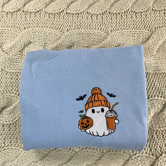 Cute Embroidered Ghost Ice Coffee Sweatshirt - Embroidered Halloween Sweatshirt - Coffee Lover T-Shirts, Hoodie