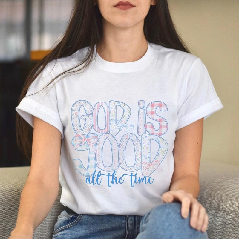 Cute Floral Jesus Tshirt God is Good Spirit Religious Christian Bible Verse Grandmillennial Print Cotton T-Shirt Gifts...