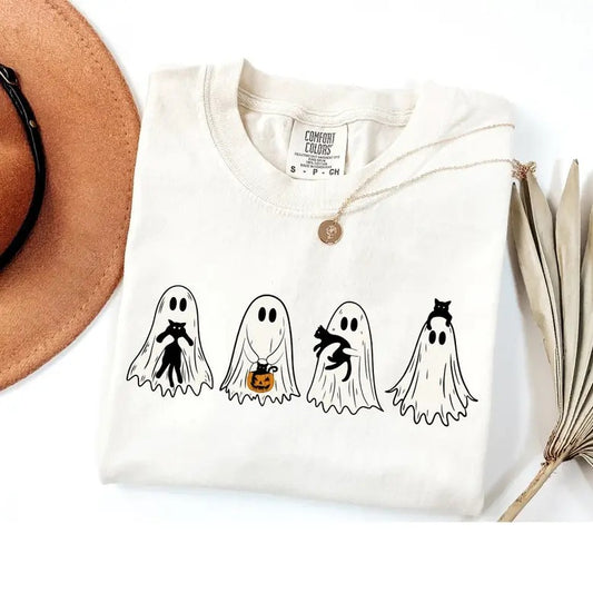 Cute Ghost Black Cats Halloween Comfort Colors Shirt, Ghost Cat Halloween Shirt, Spooky Season, Cat Lover Gift Top...