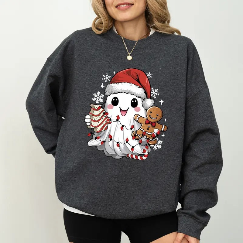Cute Ghost Christmas Sweatshirt, Cute Christmas Season Crewneck, Holiday Season Long Sleeves Pullover, Christmas Gifts...