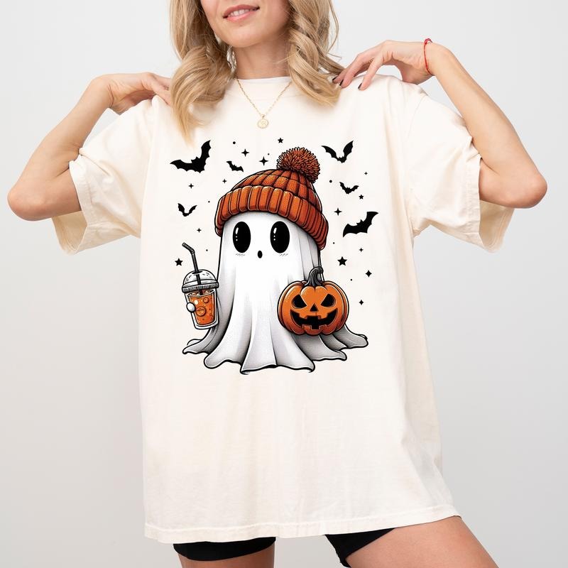 Cute Ghost Coffee Shirt, Ghost Drinking Ice Coffee T-shirt, Halloween Ghost Tshirt, Fall Autumn Shirt for Girl, Coffee...