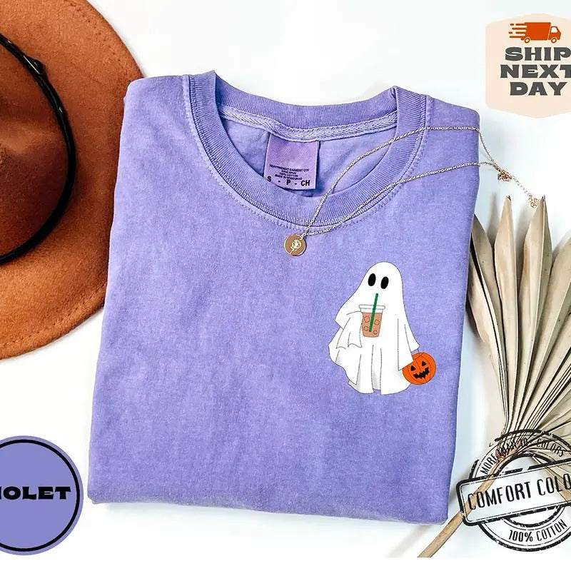 Cute Ghost Coffee Shirt, Сute Little Ghost Iced Coffee Sweatshirt, Boo Ghost Shirt, Ghost Coffee Crewneck, Halloween...