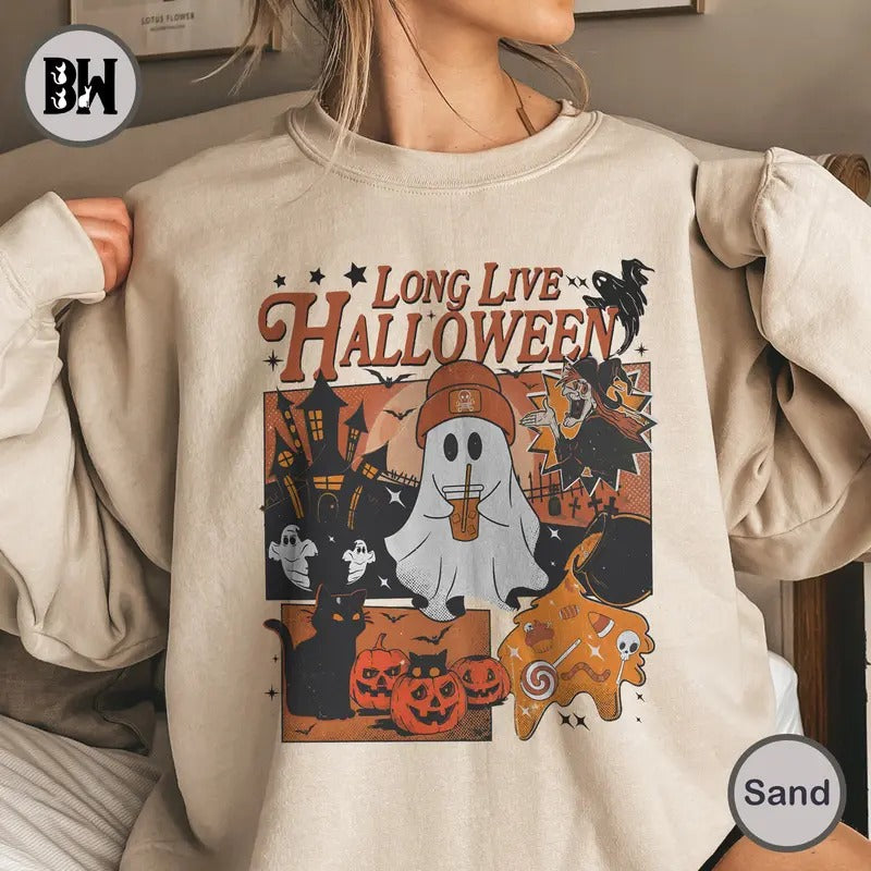 Cute Ghost Coffee Sweatshirt, Cute Ghost Coffee T-Shirt, Long Live Halloween Sweatshirt, Boo Ghost T-shirt, Ghost Coffee...
