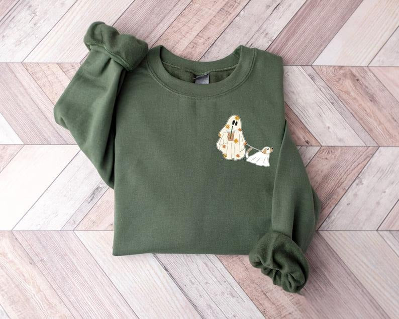 Cute Ghost Dog Halloween Sweatshirt, Dogs Lover Halloween Gift, Dog Mom Halloween T-Shirt, Funny Halloween Party Sweater,...