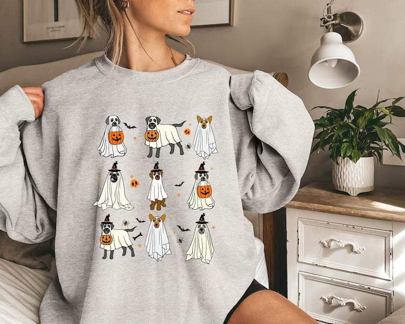 Cute Ghost Dogs Sweatshirt, Halloween Women Crewneck Sweater, Dog Lovers Halloween Gift, Ghost Dogs Shirt, Cute Women...