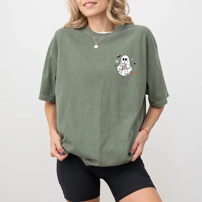 Cute Ghost Drinking Coffee Comfort Colors Shirt, Coffee Lover Halloween Graphic Tee, Fall Vibes Unhinged Shirt, Funny...