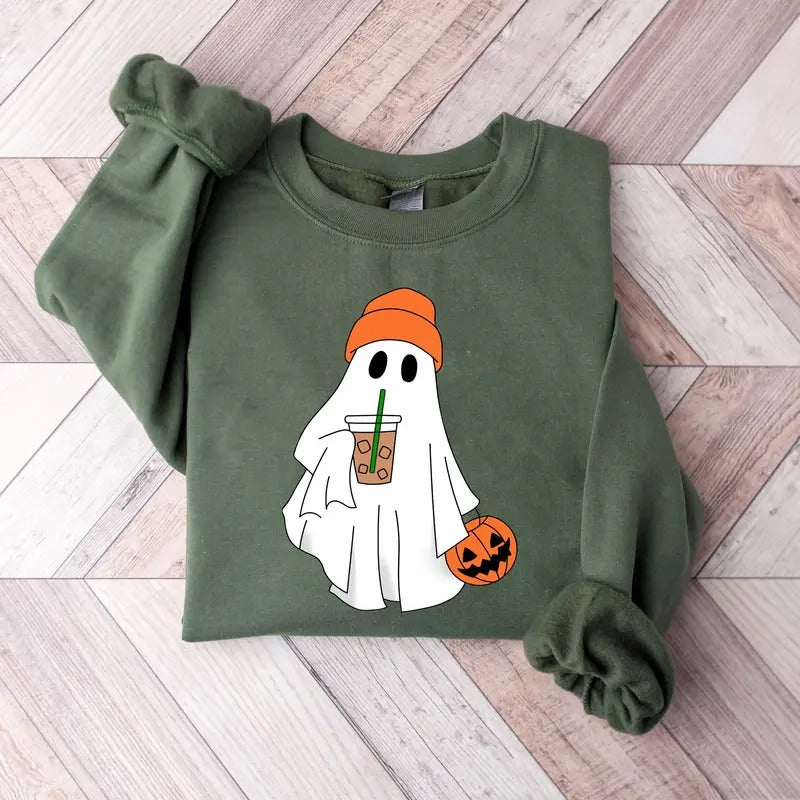 Cute Ghost Drinking Coffee Sweatshirt, Ghost Ice Coffee Shirt, Ghost Halloween Shirt, Spooky Season, Fall Coffee Lover...