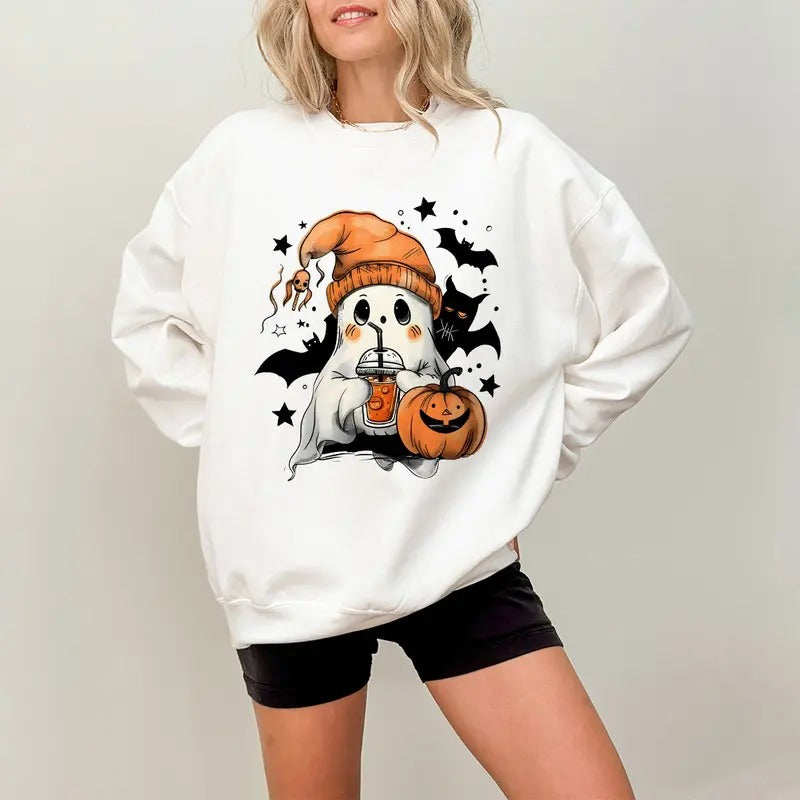 Cute Ghost Drinking Coffee Sweatshirt, Ghost Ice Coffee, Spooky Season Shirt, Fall Coffee Lover Sweatshirt, Halloween...