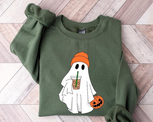 Cute Ghost Drinking Coffee Sweatshirt, Ghost Ice Coffee, Spooky Season, Fall Coffee Lover Hoodie, Halloween Party Shirt,...