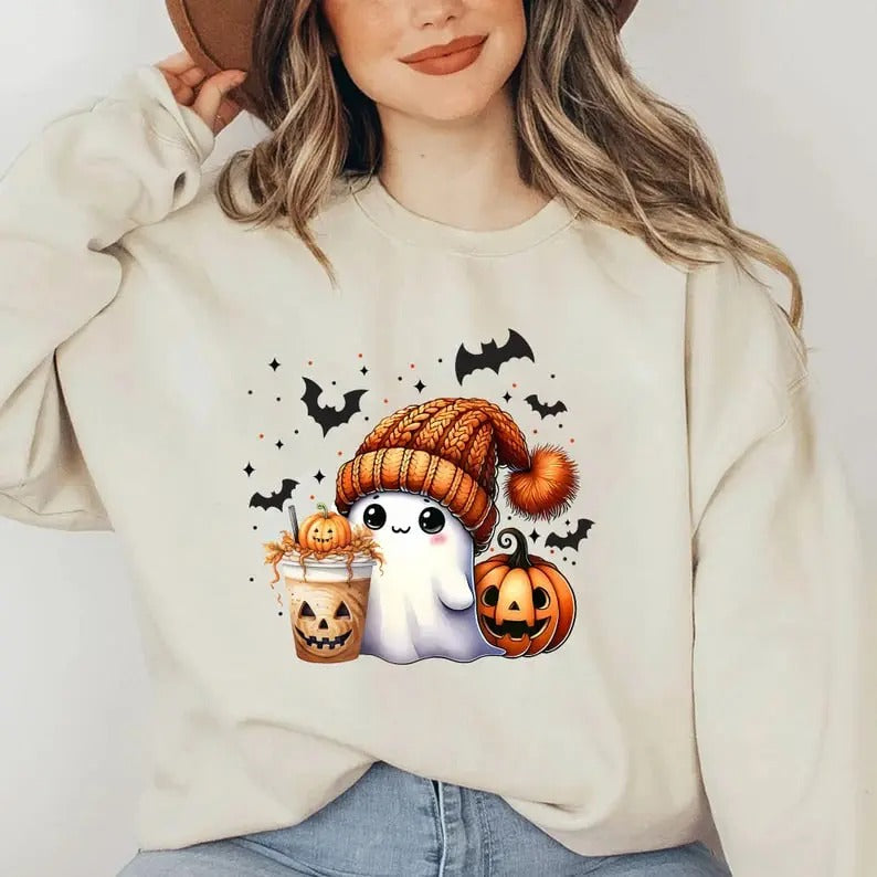 Cute Ghost Halloween Shirt, Halloween Ghost Sweater, Cute Pumpkin Coffee Ghost Shirt, Womens Halloween Shirt, Spooky...
