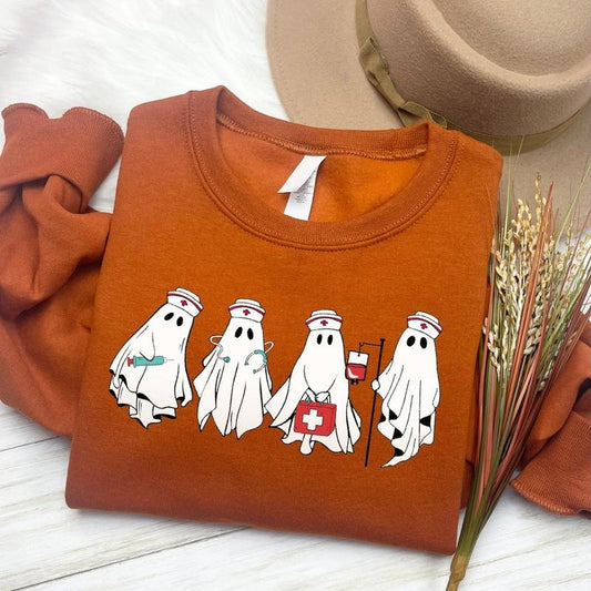 Cute Ghost Nurse Shirt, Halloween Nurse Shirt, Spooky Nurse Shirt, Halloween Nurse Gift, Nurse Boo Crew Shirt Cotton...