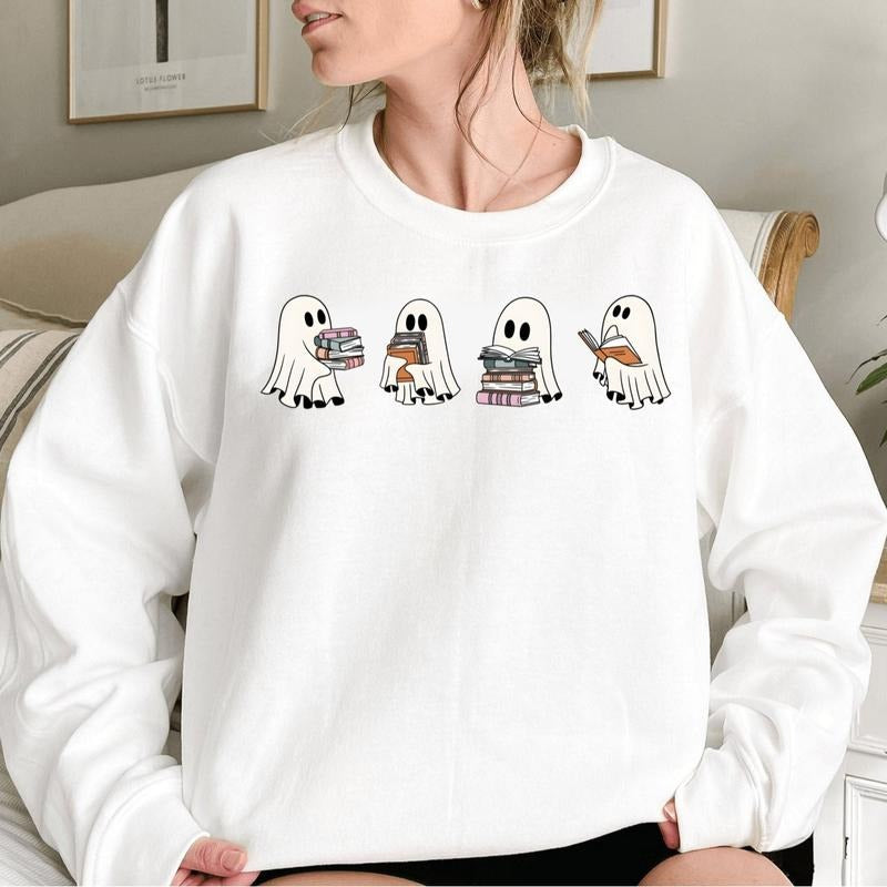Cute Ghost Read Book Shirt, Vintage Halloween Bookish Sweatshirt, Book Lovers Tee Shirt, Retro Halloween School Shirt,...