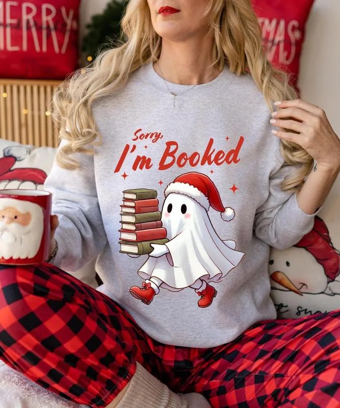 Cute Ghost Reading Book Christmas Sweatshirt, Ghost Reading Book Girly Shirt, Ghost Girly Christmas Gift, Trendy...