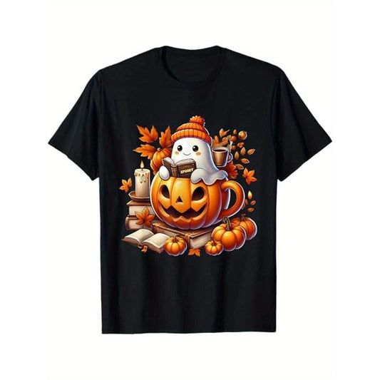 Cute Ghost Reading Book Lovers Halloween Ghost Coffee Women T-Shirt, 100% Cotton, Halloween Thanksgiving Christmas Gift...