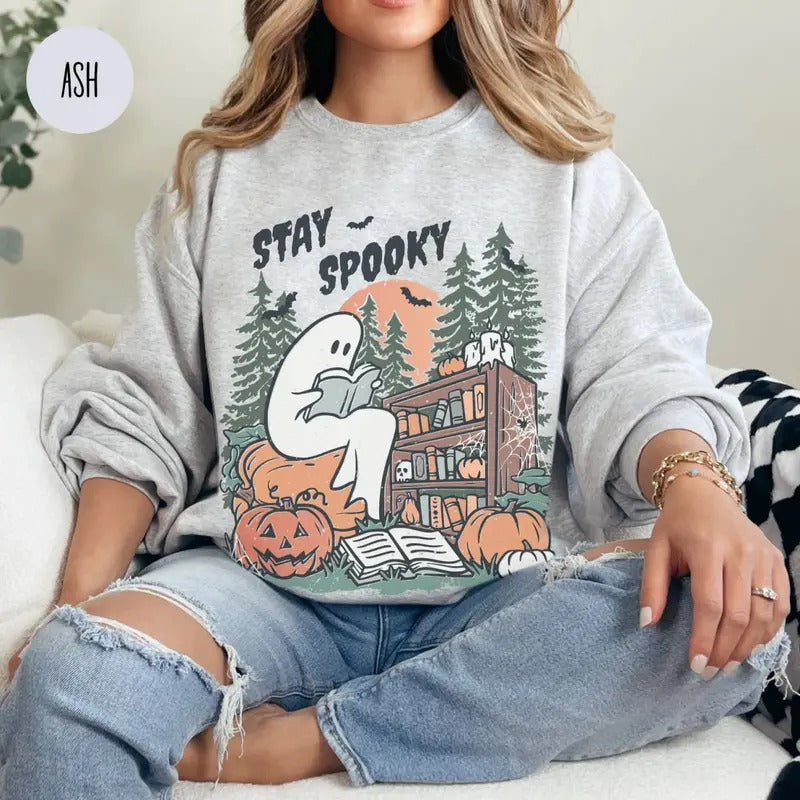 Cute Ghost Reading Book T-Shirt, Stay Spooky Ghost Book Sweatshirt, Bookish Halloween Sweater, Fall Tee Shirt, Cute Ghost...