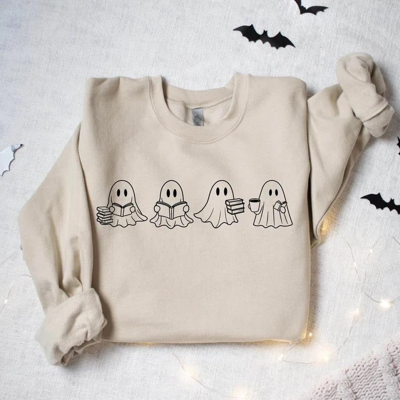 Cute Ghost Reading Books Sweatshirt, Cute Little Ghost Shirt, Spooky Season, Bookish Ghost, Ghost Coffee Shirt, Books...
