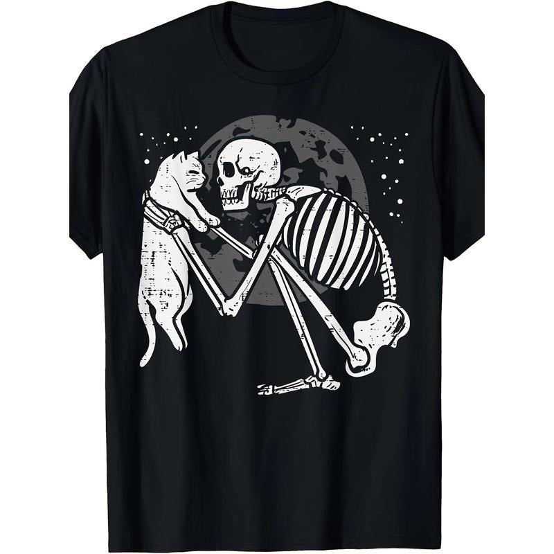 Cute Goth Skeleton Cat Skull Kitty T-Shirt - Halloween Men Women Graphic Tee