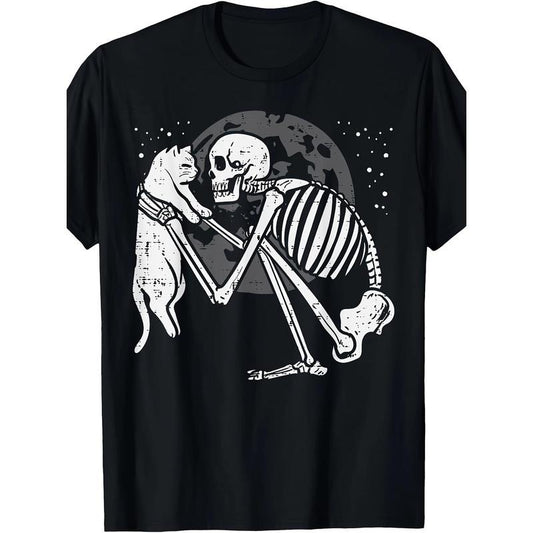 Cute Goth Skeleton Cat Skull Kitty T-Shirt - Halloween Men Women Graphic Tee