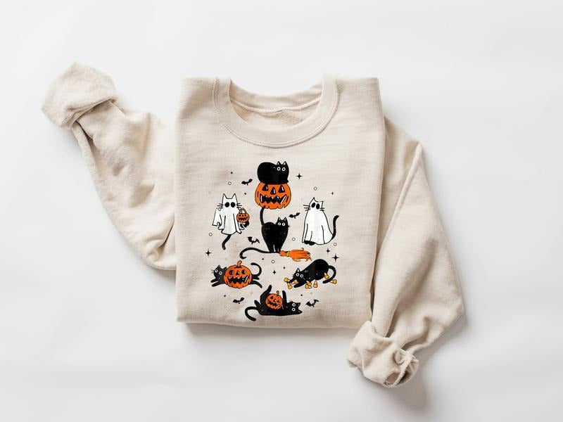 Cute Halloween Ghost Boo Cat Sweatshirt, Ghost Shirt, Retro Black Cat Pumpkin Halloween Sweater, Halloween Cat Shirt,...