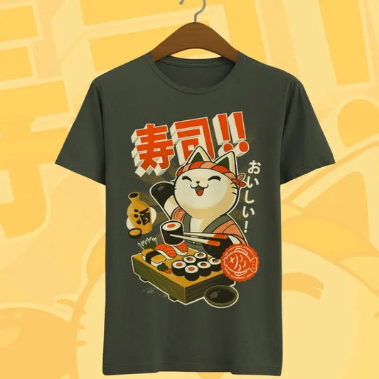 Cute Japan cat T-shirt - Sushi and ramen foodies T-Shirt- kawaii neko manga anime T-Shirt Menswear Top Hoodie, Sweatshirt