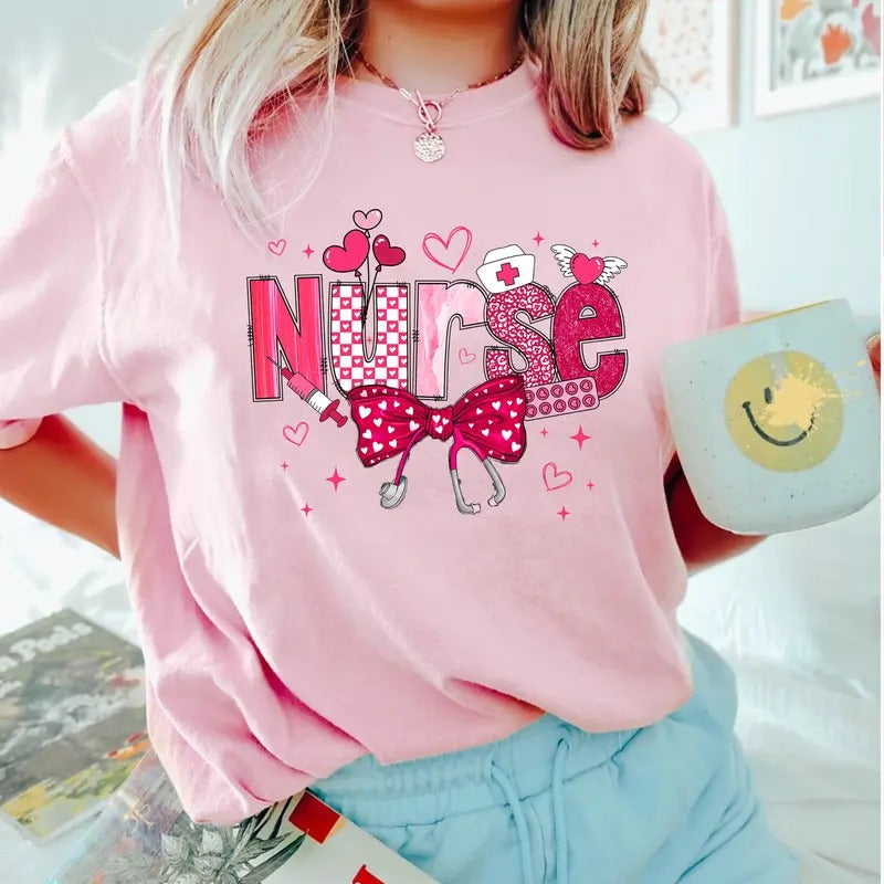 Cute Nurse Bow T-shirt, Valentine Nurse Shirt, Nursing Student Tee, Valentine Gift for Nurse Hoodie, Sweatshirt