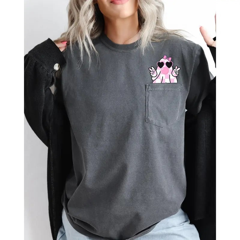 Cute Pink Bubblegum Ghost, Pocket, Halloween, Peace, Bow,  Ribbon Tee, Women's Comfort Color Tee, Tshirt Hoodie, Sweatshirt