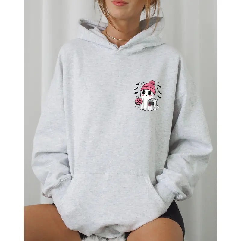 Cute Pink Ghost, Pocket Print, Halloween, Coffee, Bats Hooded Sweatshirt T-Shirts, Hoodie | WearSparks.com