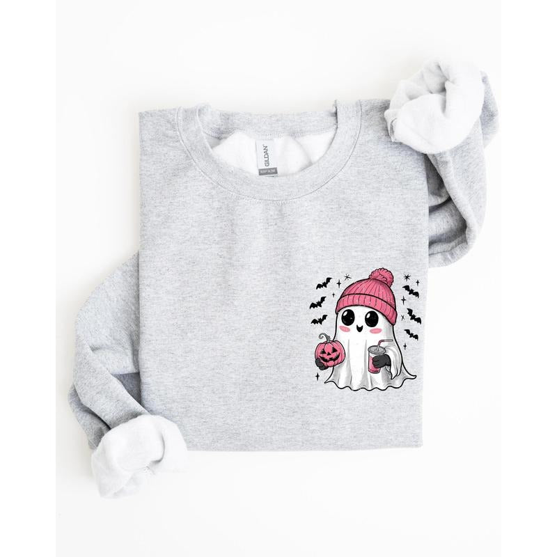 Cute Pink Ghost, Pocket Print, Halloween, Coffee, Bats Sweatshirt T-Shirts, Hoodie | WearSparks.com