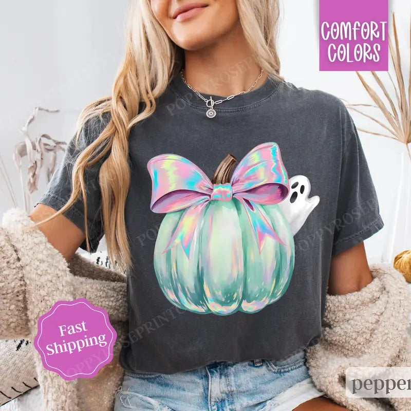 Cute Pumpkin Ghost Shirt Comfort Colors Halloween Tshirt,  Women's Holiday Tee, October Vibes Shirt, Spooky Season Tee...