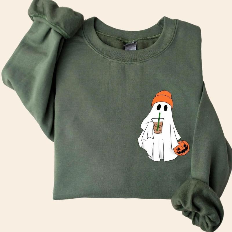 Cute Spooky Coffee Sweatshirt, Trick Or Treat, Womens Ghost Sweatshirt, Spooky Season Vibes, Fall Coffee Lover Shirt,...
