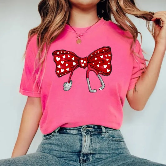 Cute Stethoscope Bow T-shirt, Valentine Nurse Tee, Valentine Bow Shirt, Coquette Bow Shirt, Gift for Nurse Hoodie, Sweatshirt