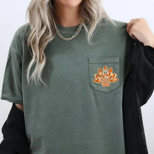 Cute Thanksgiving Turkey, Pocket Tee, Women's Comfort Colors Tee Hoodie, Sweatshirt | WearSparks.com