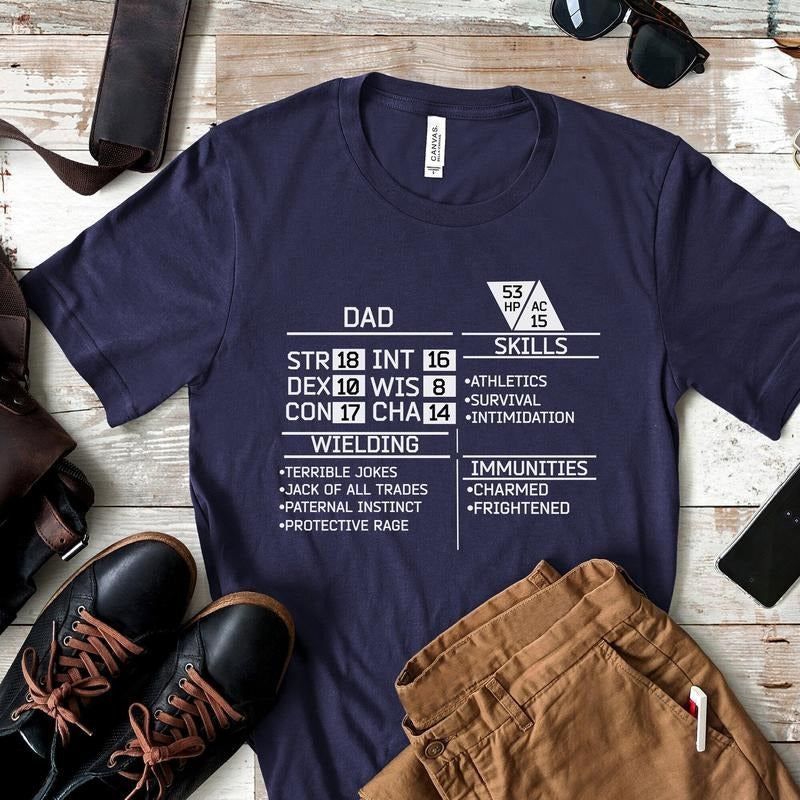 D&D Dad Shirt Stat Block , Short Sleeve Tee Funny FatherS Day Gift, Character Sheet Shirt, Dungeon Master Gift, D20...