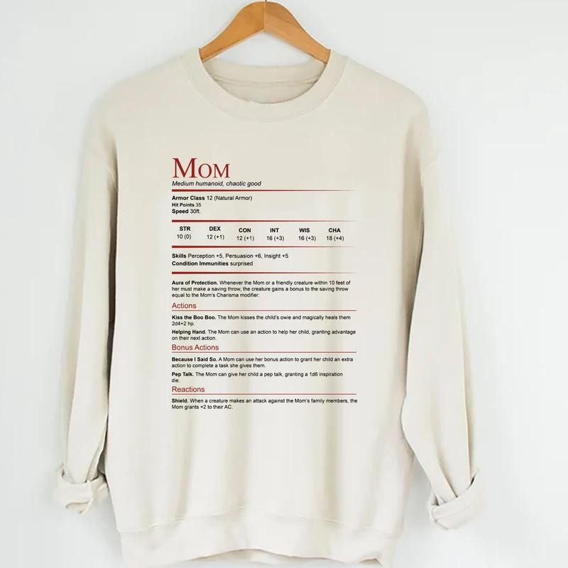 D&D Mom Stat Block Shirt, DnD Mom Shirt, Dungeons & Dragons Mom Gift, DnD Mother's Day Tshirt Cotton Fabric Hoodie,...